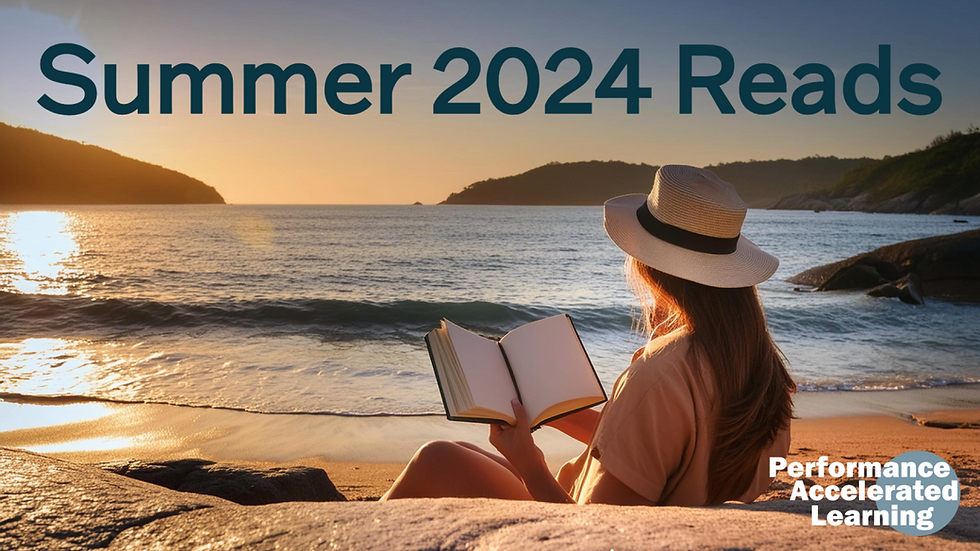 a person sitting on a beach reaching a book with the heading Summer 2024 Reads