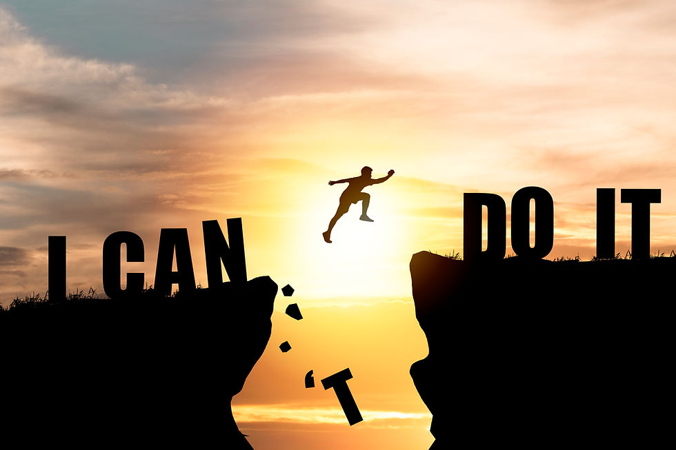 a person jumping between two cliffs, on the left is I CAN, a 'T is falling in between and DO is on the right side.