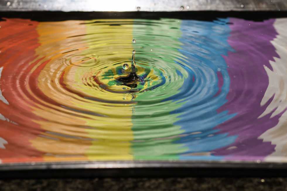 a drop in a puddle with the reflection of a rainbow flag