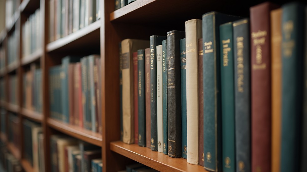 Eye-level view of a bookshelf filled with leadership books