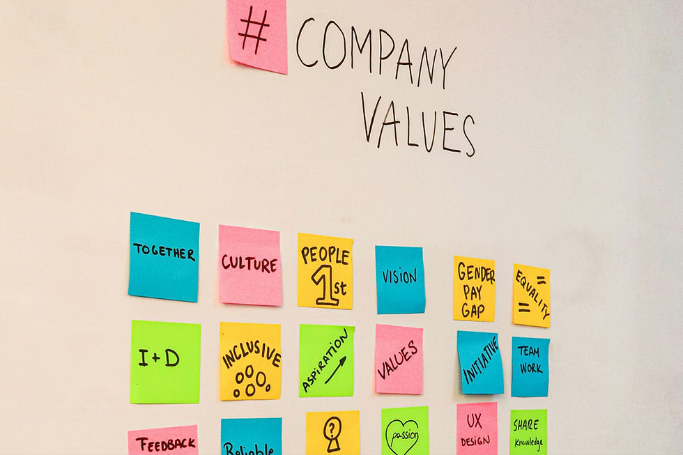 a white board with the words "company values" at the top and then sticky notes with various values listed on them